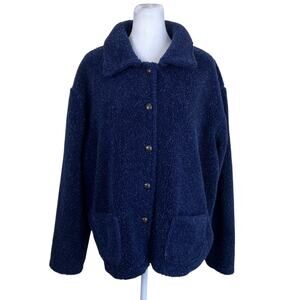 Kim Rogers Sz L Vtg 90s Navy Fuzzy Fleece Teddy Jacket Shacket Button-up Boxy